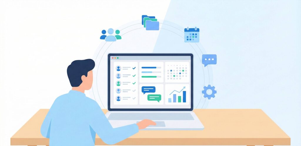 Dashboard GeoTapp-Flow con titolare che visualizza clienti, progetti, calendario, comunicazioni e dati finanziari