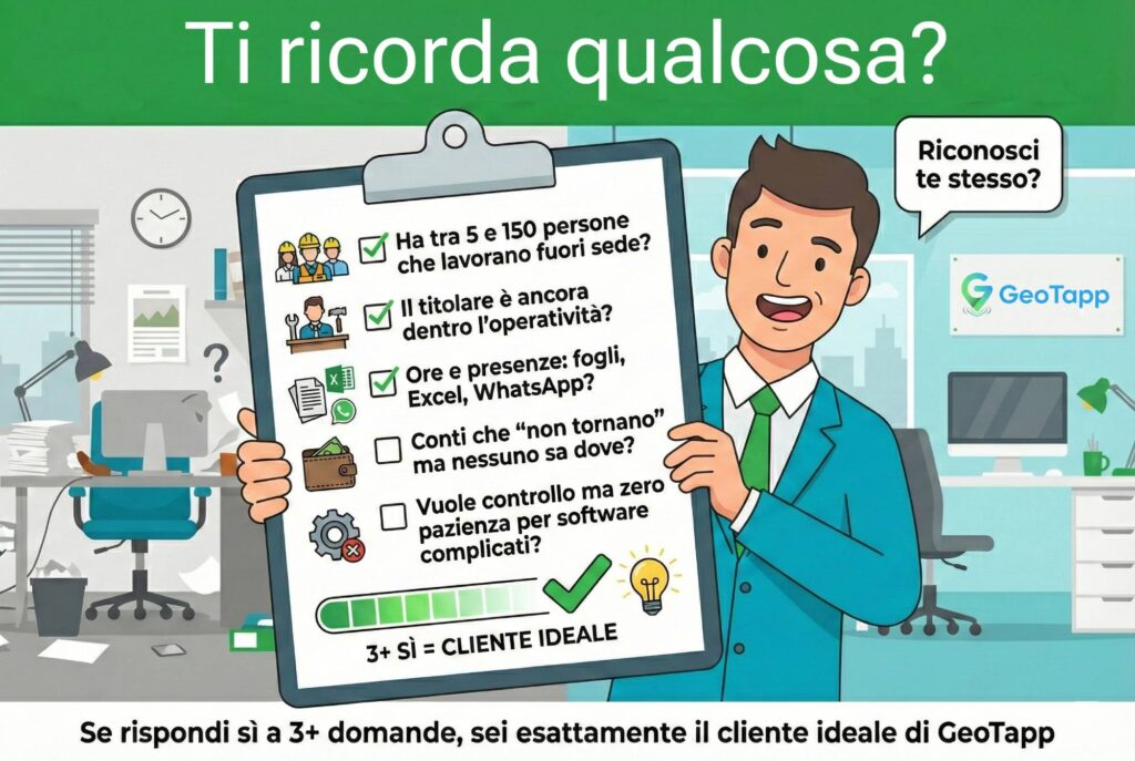 Checklist interattiva per identificare il cliente ideale GeoTapp: 5 domande sulla dimensione aziendale, operatività, gestione presenze, controllo costi e tolleranza software
