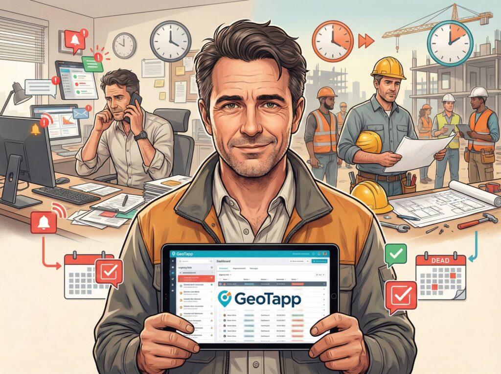 Titolare operativo di PMI stanco ma determinato circondato da urgenze di ufficio e cantiere durante una giornata frenetica
