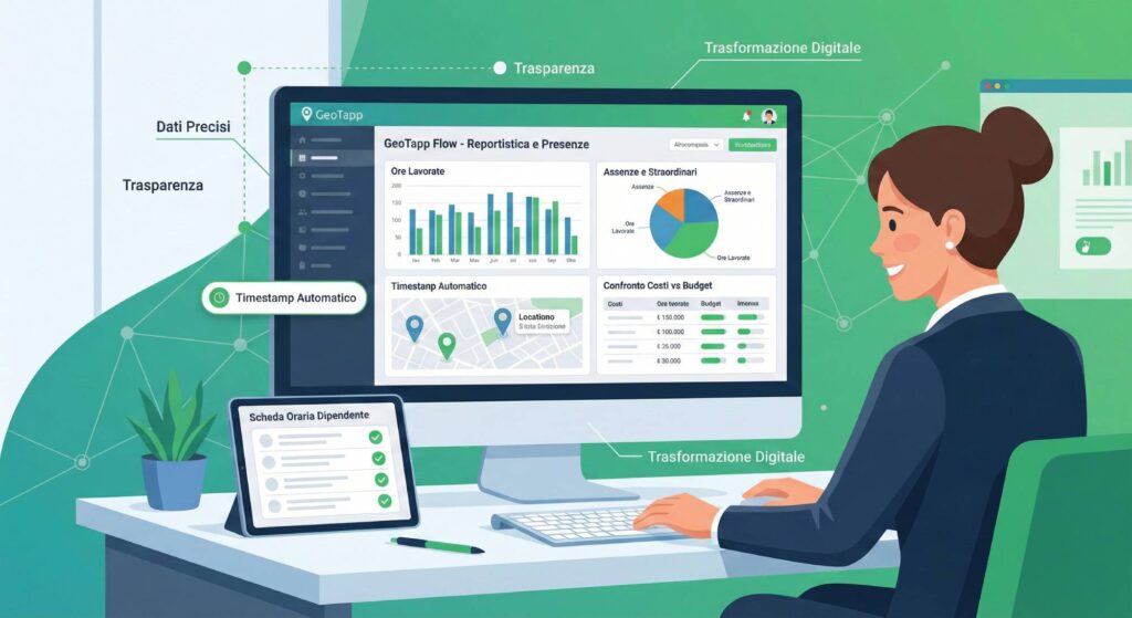 GeoTapp Flow dashboard con report automatici ore lavorate, confronto preventivo-consuntivo e dati certificati per payroll