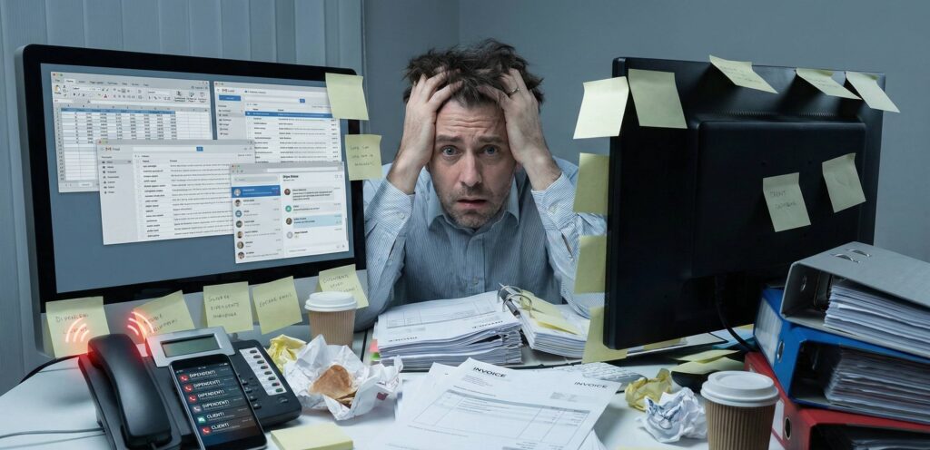 Imprenditore stressato alla scrivania circondato da fogli, fatture, appunti e notifiche su PC e smartphone, simbolo del caos organizzativo tipico delle piccole imprese prima di usare un gestionale strutturato.
​