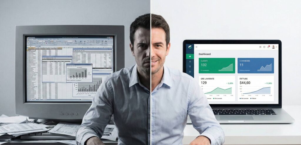 Confronto visivo tra uno schermo pieno di tabelle confuse e uno con una dashboard semplice e leggibile, con il titolare teso davanti al gestionale caotico e rilassato davanti alla consolle moderna tipo GeoTapp.
