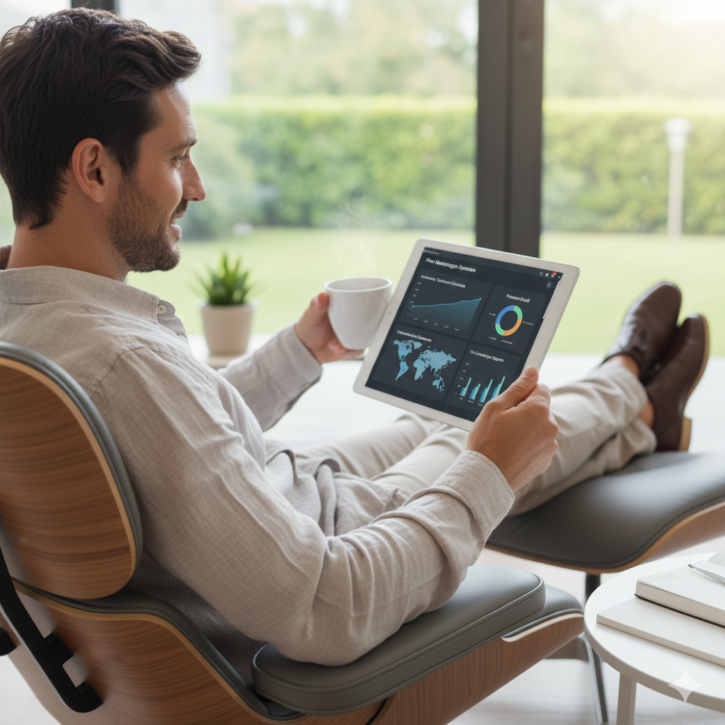 Imprenditore che controlla l’andamento aziendale sulla dashboard GeoTapp-Flow