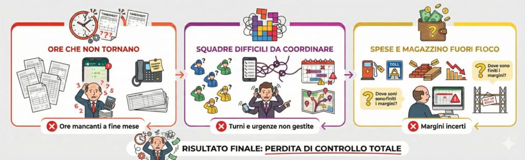 Infografica tre problemi PMI: ore non segnate, squadre difficili da coordinare, spese e margini incerti