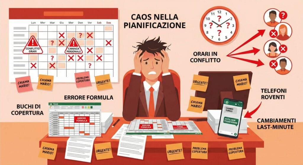 Manager stressato con pianificazione turni caotica tramite Excel e carta con conflitti e buchi nella copertura