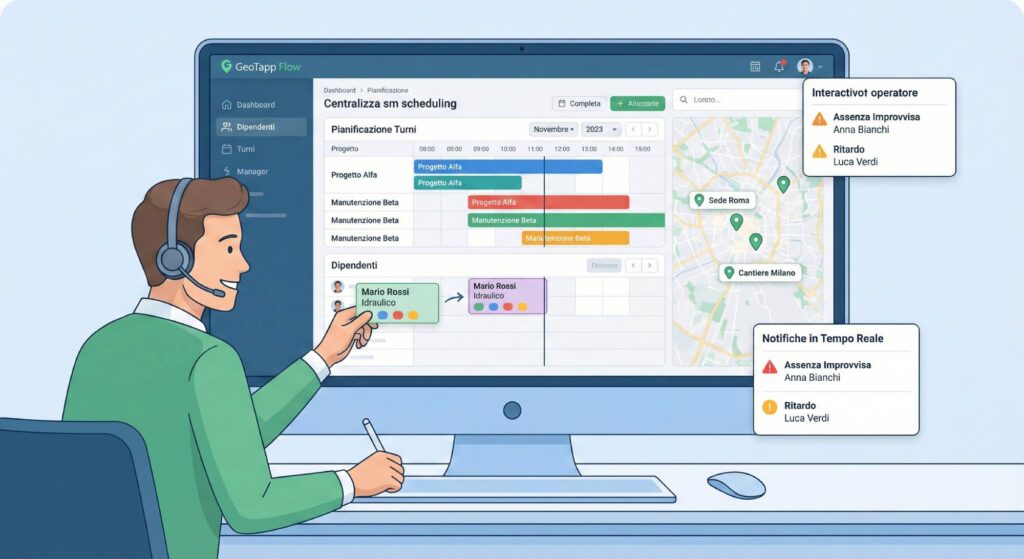 GeoTapp Flow interfaccia pianificazione centralizzata turni con drag-and-drop visuale e notifiche automatiche real-time