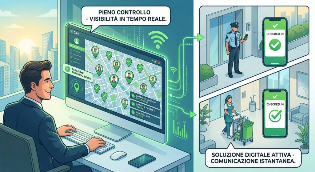 GeoTapp TimeTracker dashboard con geolocalizzazione GPS in tempo reale di operatori sul campo e notifiche automatiche