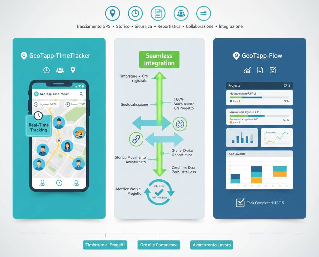 Infografica che mostra l'integrazione tra GeoTapp-TimeTracker e GeoTapp-Flow con frecce bidirezionali di sincronizzazione, dashboard worker tracking a sinistra, dati di progetto a destra, e flusso di dati in tempo reale tra le due piattaforme
