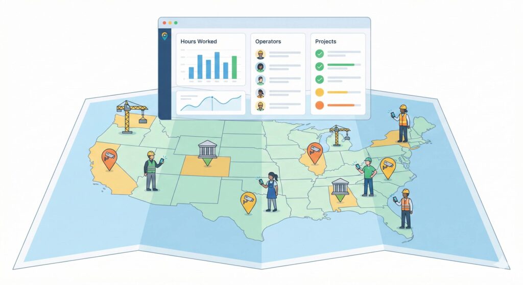 Dashboard con mappa stilizzata che mostra diversi siti di lavoro sul territorio e, sopra la mappa, una schermata tipo GeoTapp Flow con elenco operatori e ore lavorate sincronizzate in tempo reale.
​