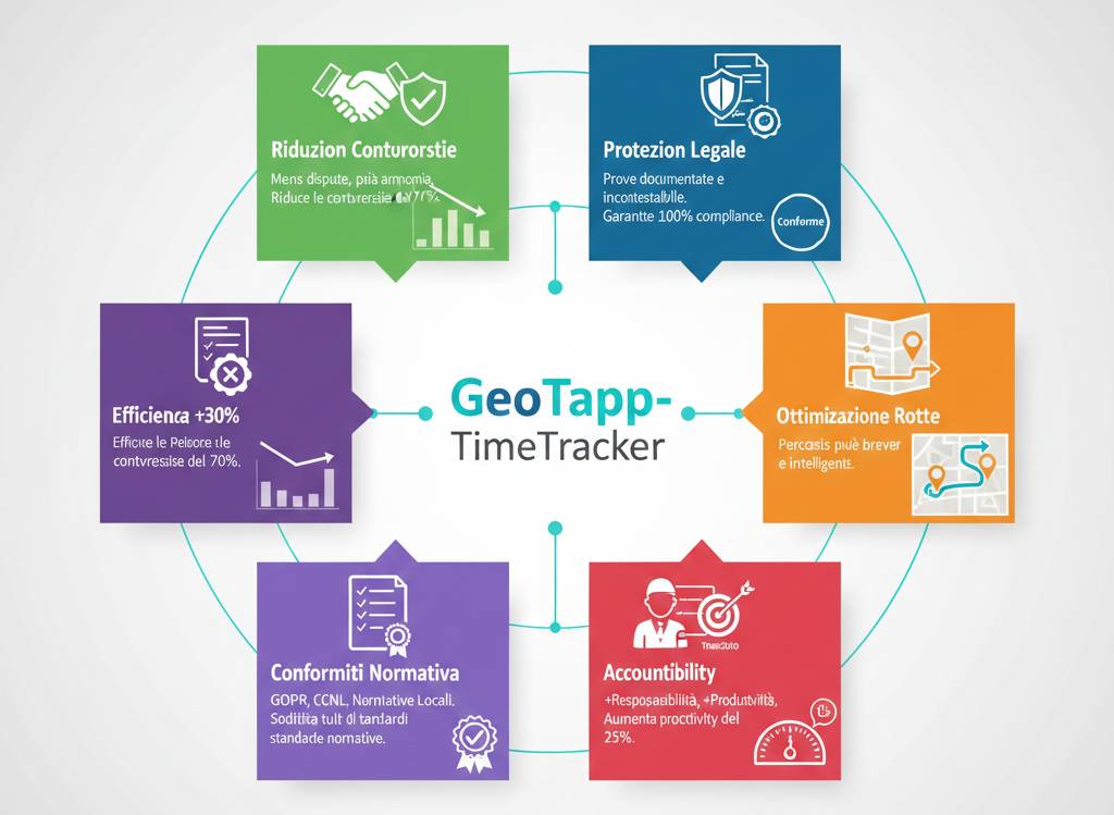 Infografica infografica a 5 sezioni con icone colorate che illustra i vantaggi concreti di GeoTapp-TimeTracker per le aziende: verde per riduzione delle controversie e meno dispute, blu scuro per protezione legale con documenti incontestabili, arancione per ottimizzazione delle rotte e efficienza GPS, rosso per accountability e aumento produttività, viola per conformità normativa e compliance documentata
