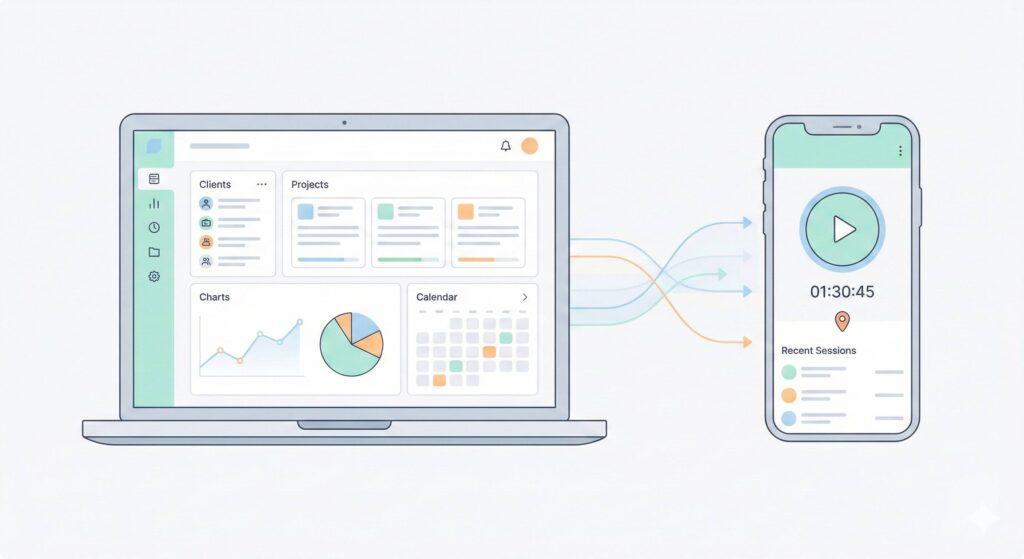 Dashboard GeoTapp Flow su laptop collegata in tempo reale a GeoTapp Timetracker su smartphone usato dagli operatori sul campo per timbrare le ore.
​