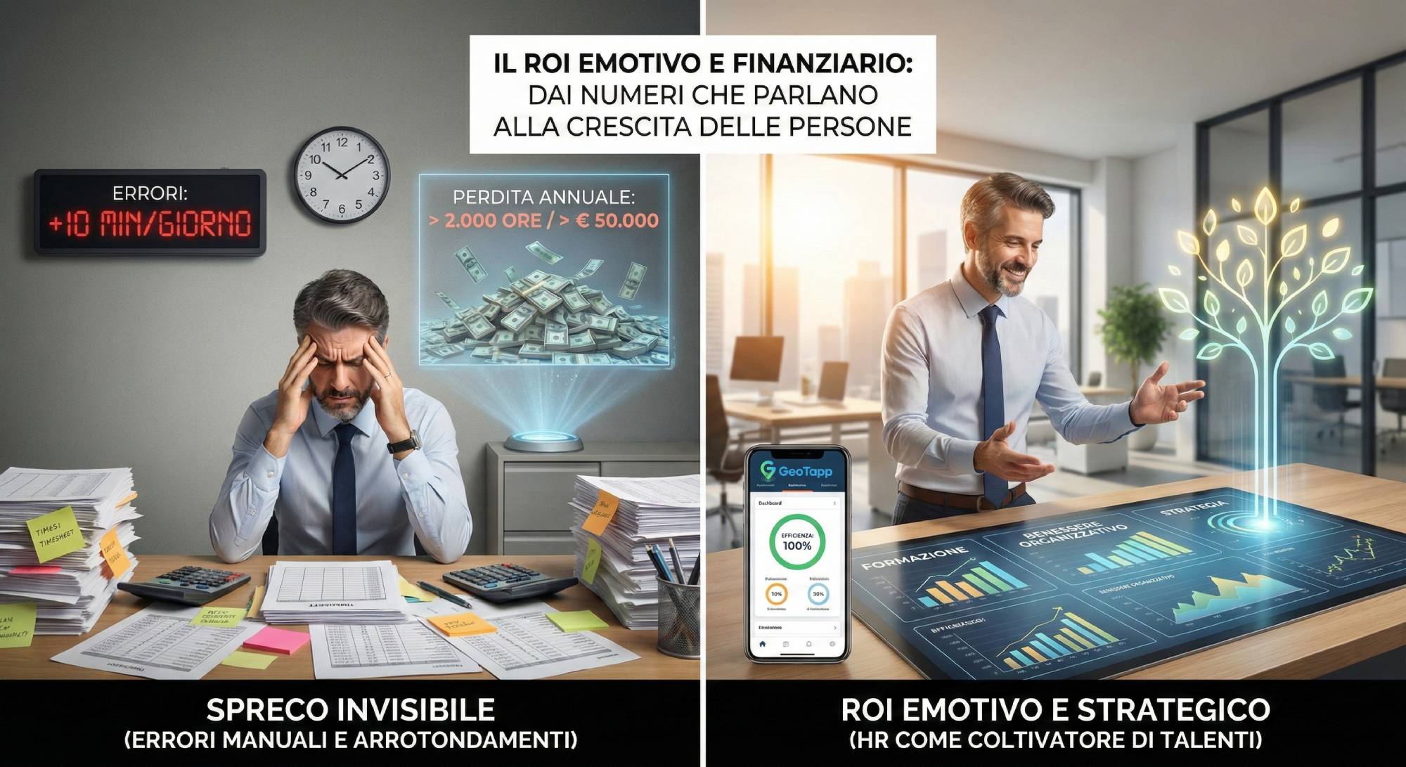 Infografica a due pannelli intitolata "Il Paradosso della Geolocalizzazione". A sinistra, sotto "Sorveglianza", un operaio triste è incatenato a un server "ERP Generico". A destra, sotto "Fiducia", l'operaio sorride e stringe la mano a un manager in cantiere, con uno scudo digitale e l'app GeoTapp che mostra "Sicurezza Attiva".
