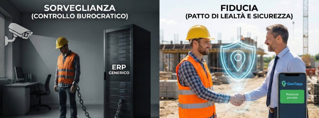Infografica a due pannelli intitolata "Il Paradosso della Geolocalizzazione". A sinistra, sotto "Sorveglianza", un operaio triste è incatenato a un server "ERP Generico". A destra, sotto "Fiducia", l'operaio sorride e stringe la mano a un manager in cantiere, con uno scudo digitale e l'app GeoTapp che mostra "Sicurezza Attiva".