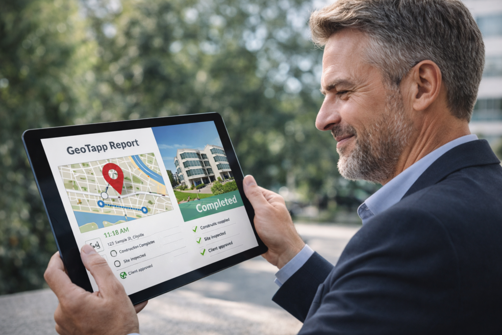 Dashboard GeoTapp verifica posizioni cantieri real-time.