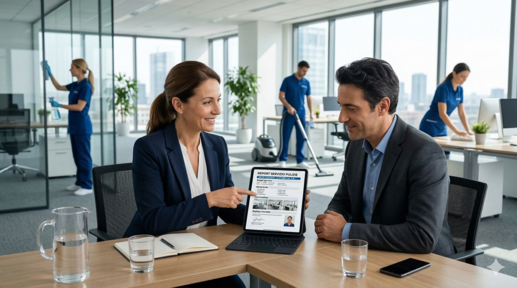 Responsabile di impresa di pulizie mostra a un cliente un report digitale con foto, data e ora del servizio svolto