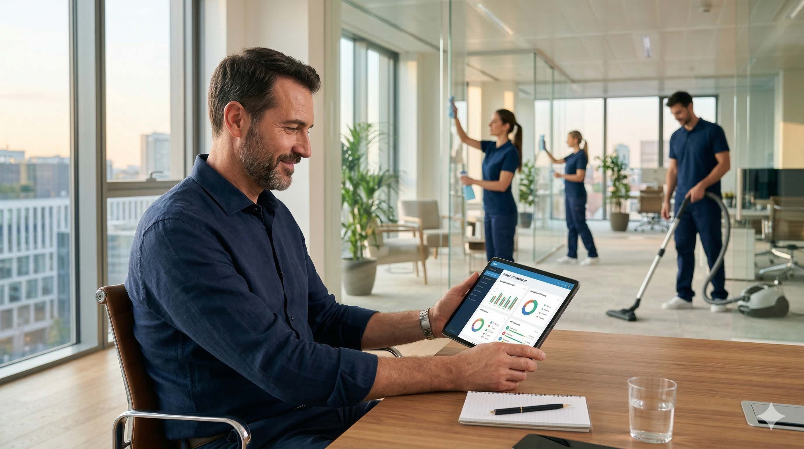 Titolare di un'impresa di pulizie osserva da tablet il team al lavoro in un ufficio pulito e ben organizzato
