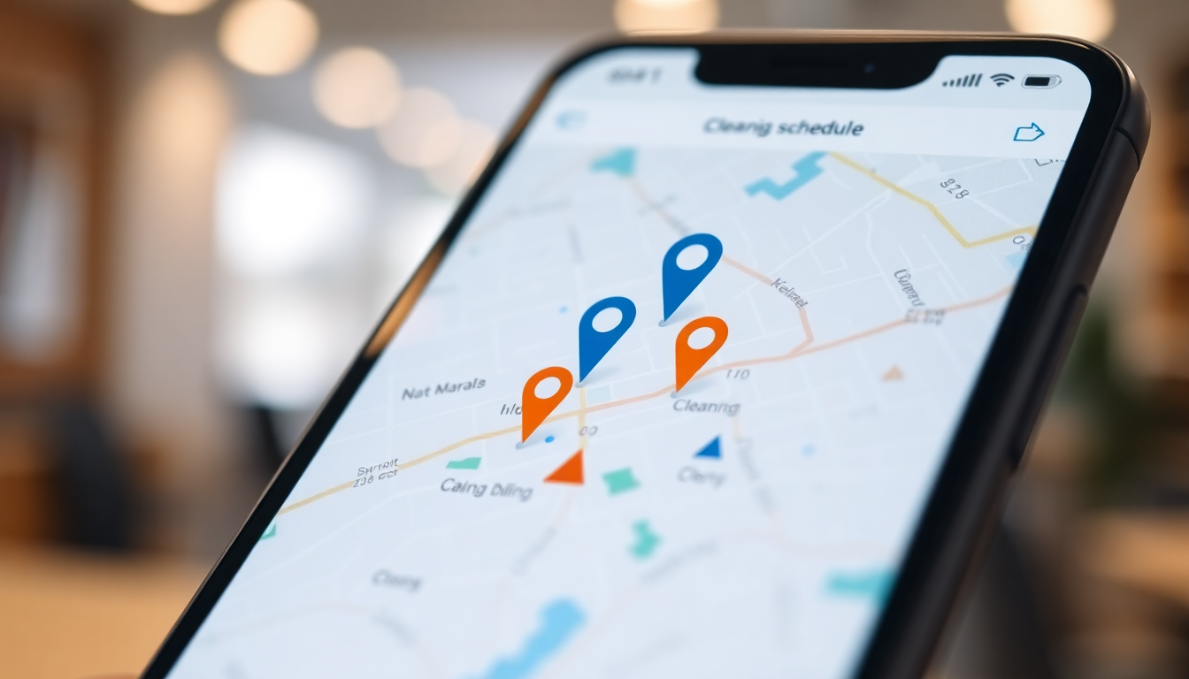 App für Reinigungsunternehmen Bildschirm mit GPS und Auftragsplanung