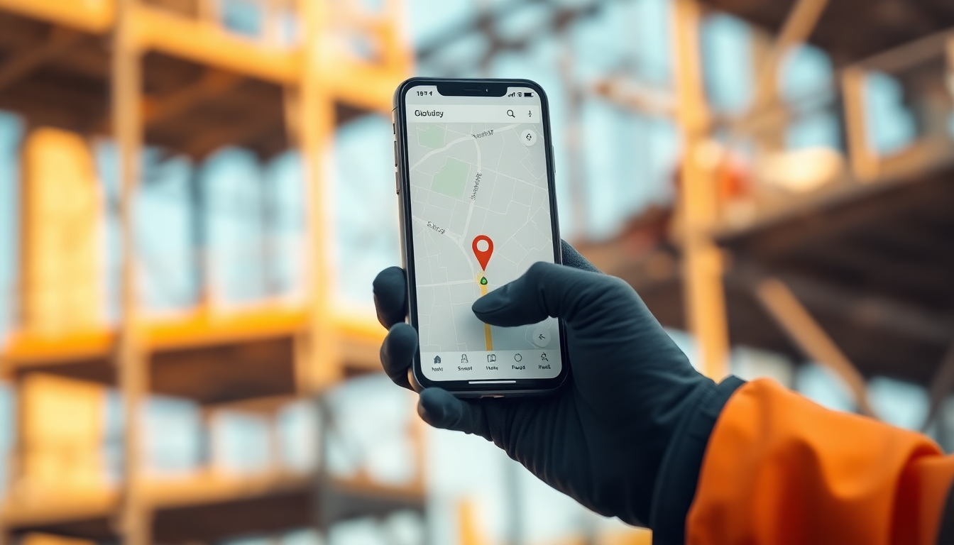 Construction worker using GPS attendance app on site