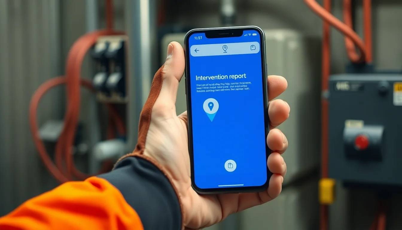 Smartphone affichant un rapport GPS horodaté d'intervention électrique sur chantier