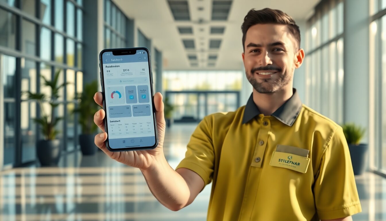 Schoonmaakleidinggevende met smartphone in moderne kantoorhal, dashboard zichtbaar