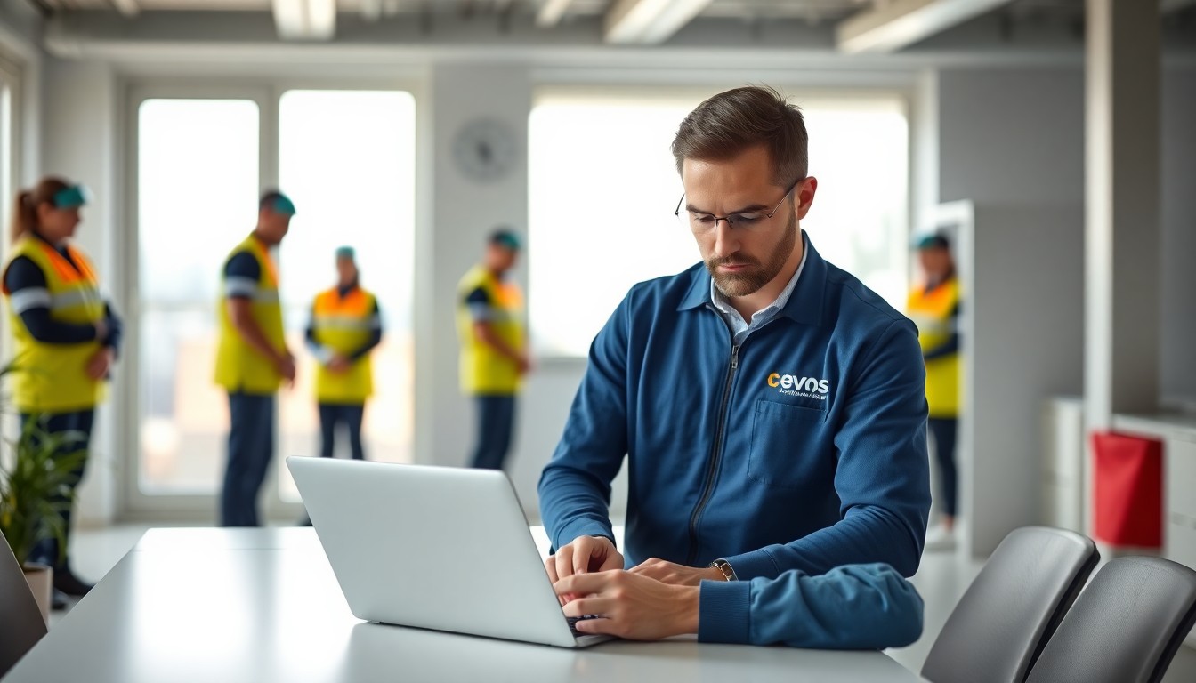 Schoonmaakbedrijf-manager bekijkt een GPS- en urenregistratie-dashboard op laptop