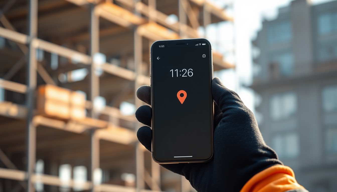 Smartphone in Arbeitshandschuh zeigt Uhrzeit und Standort-Pin auf der Baustelle