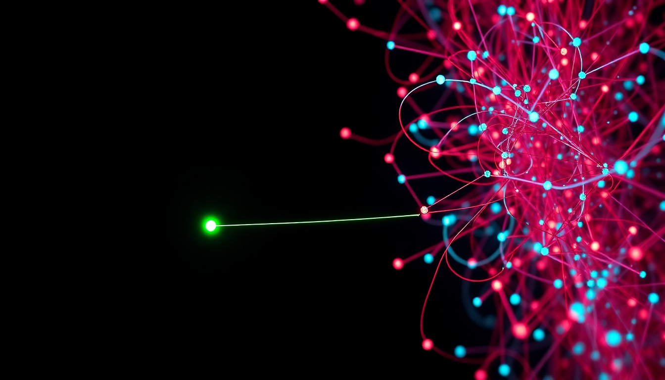 A single clean green data point contrasted with a chaotic tangle of red data