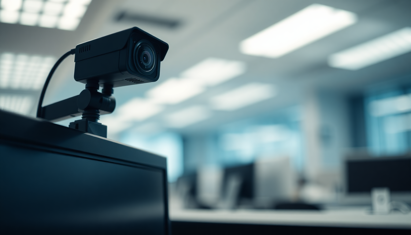 Telecamera di sorveglianza sopra un monitor in ufficio