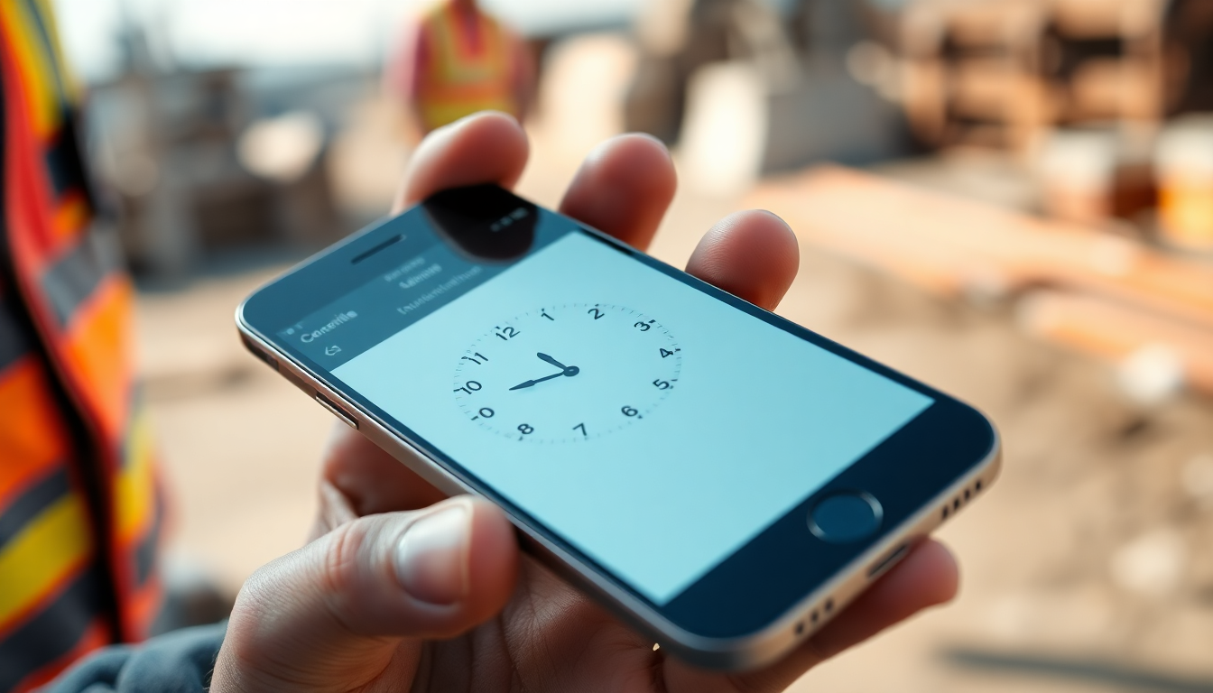 Smartphone zeigt einen Stempel-Bildschirm auf der Baustelle