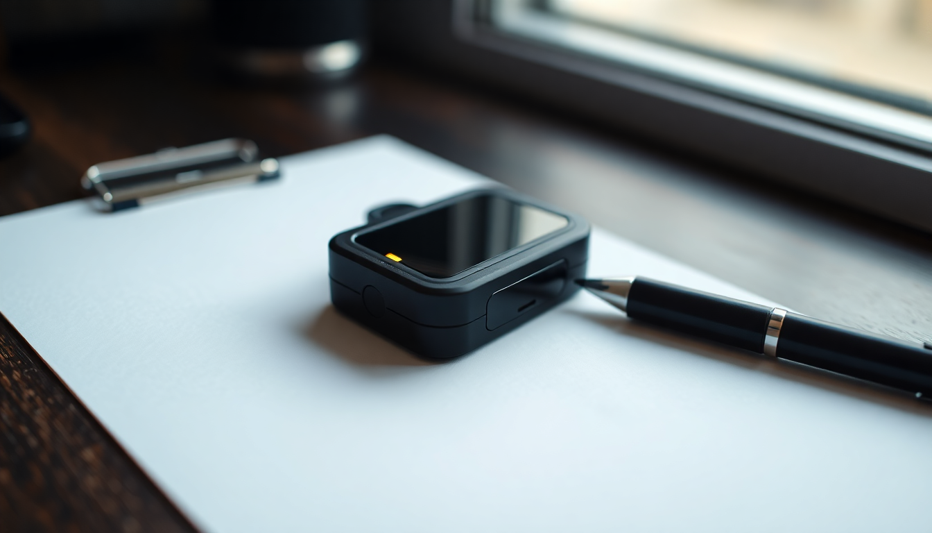 Piccolo tracker GPS nero su un foglio bianco accanto a una penna, luce soffusa da finestra