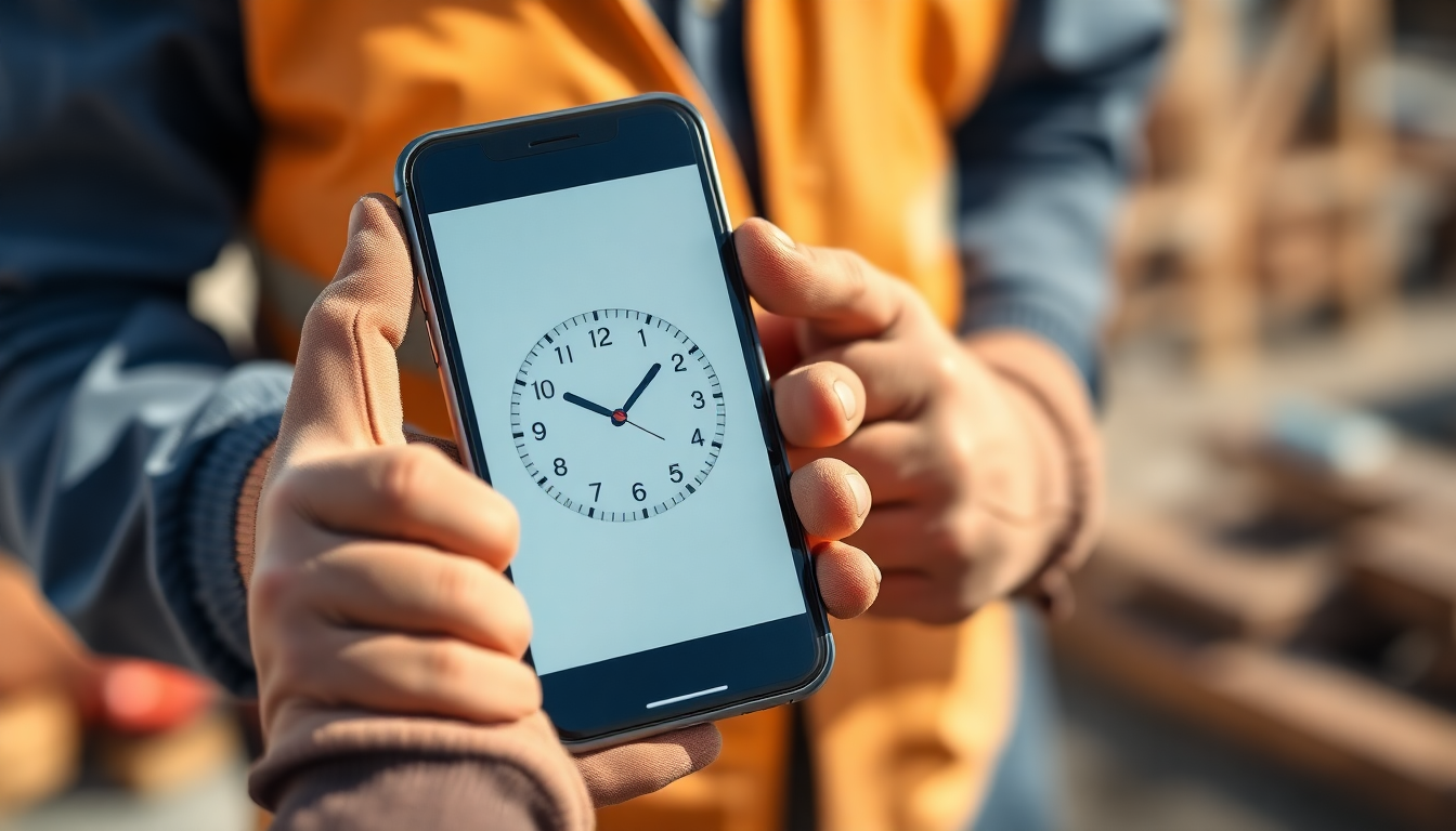 Phone clock-in screen held by a tradesperson on site