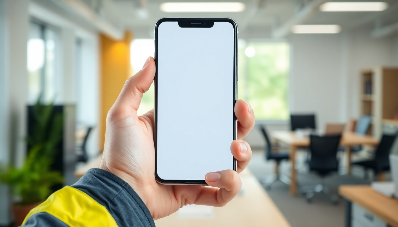 Field worker holding a smartphone to clock in