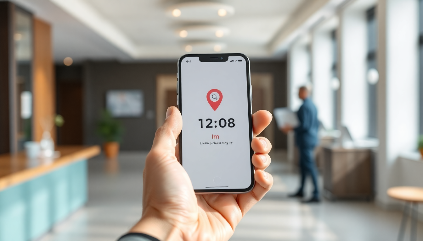 Telefoon met locatie en inkloktijd voor een schoonmaaklocatie
