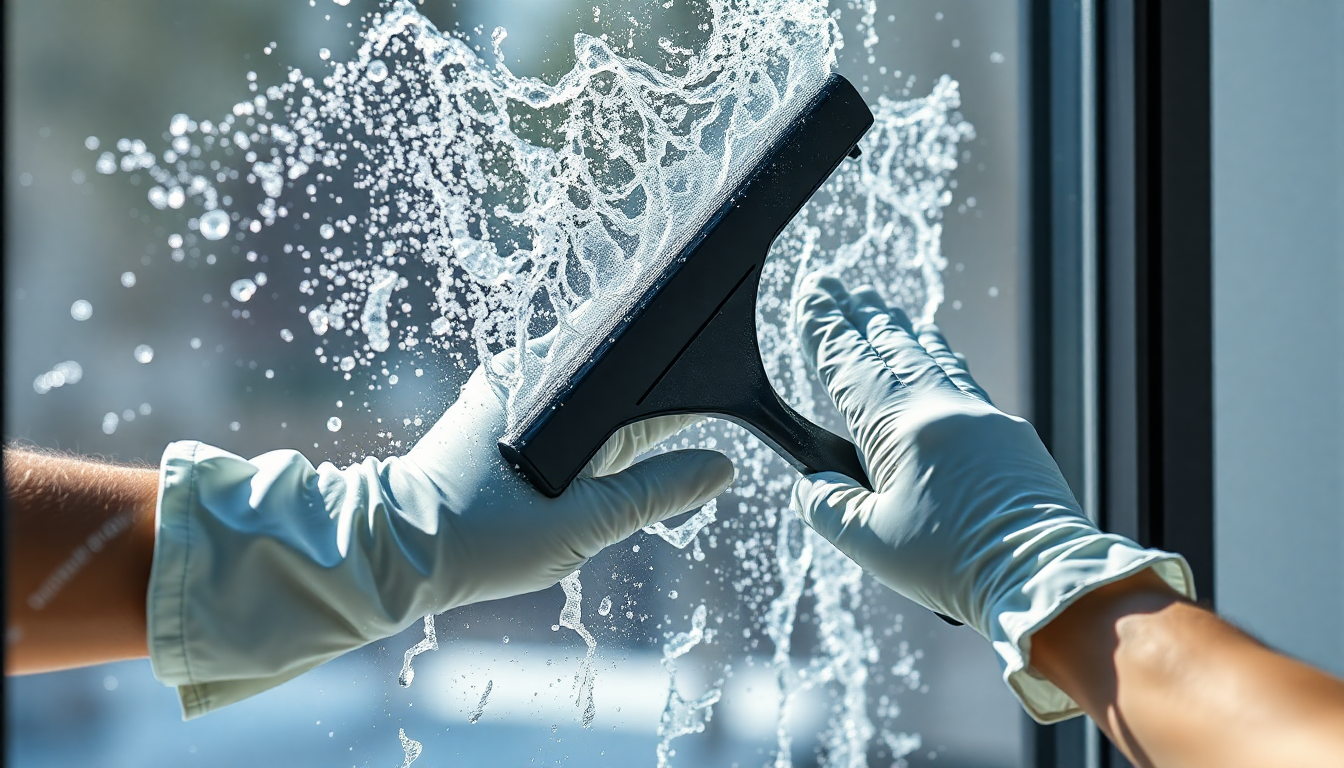 Handschoenen reinigen een glazen wand met een trekker