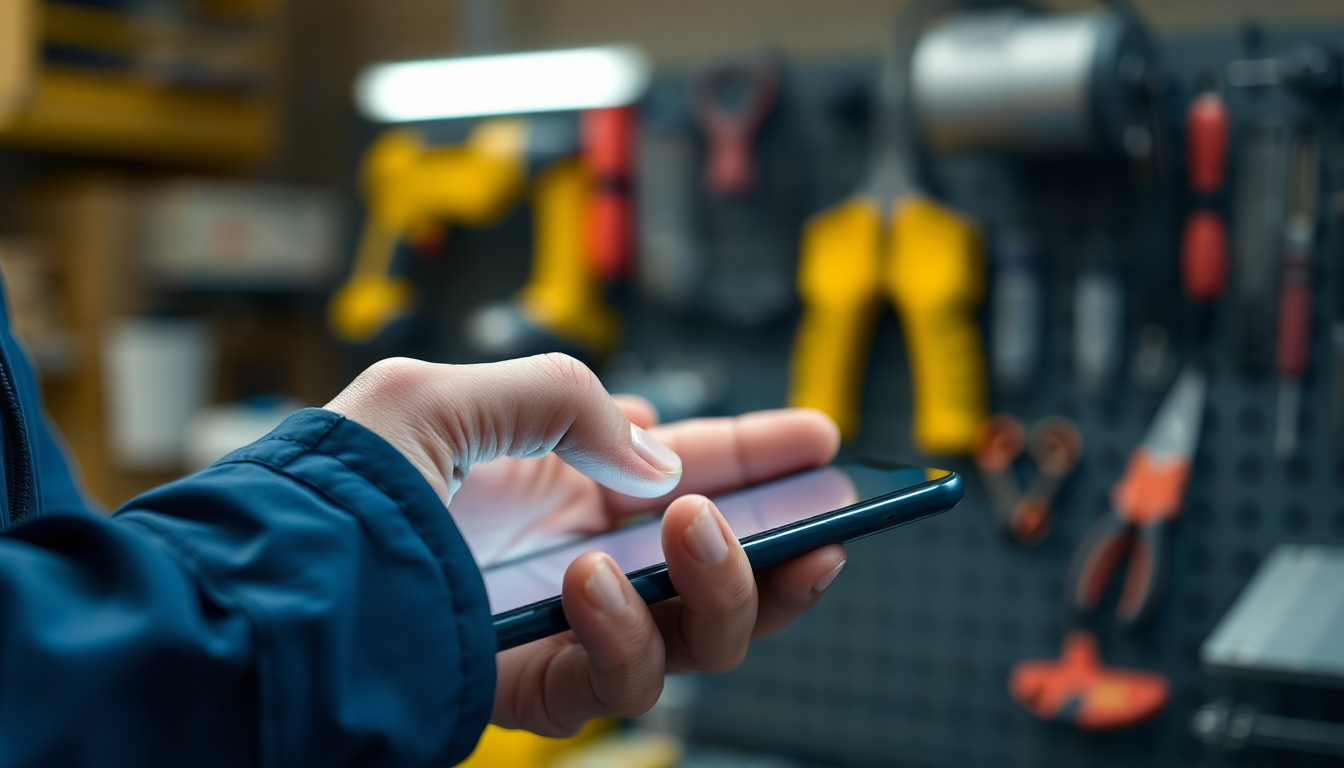 Technician tapping a smartphone app on site