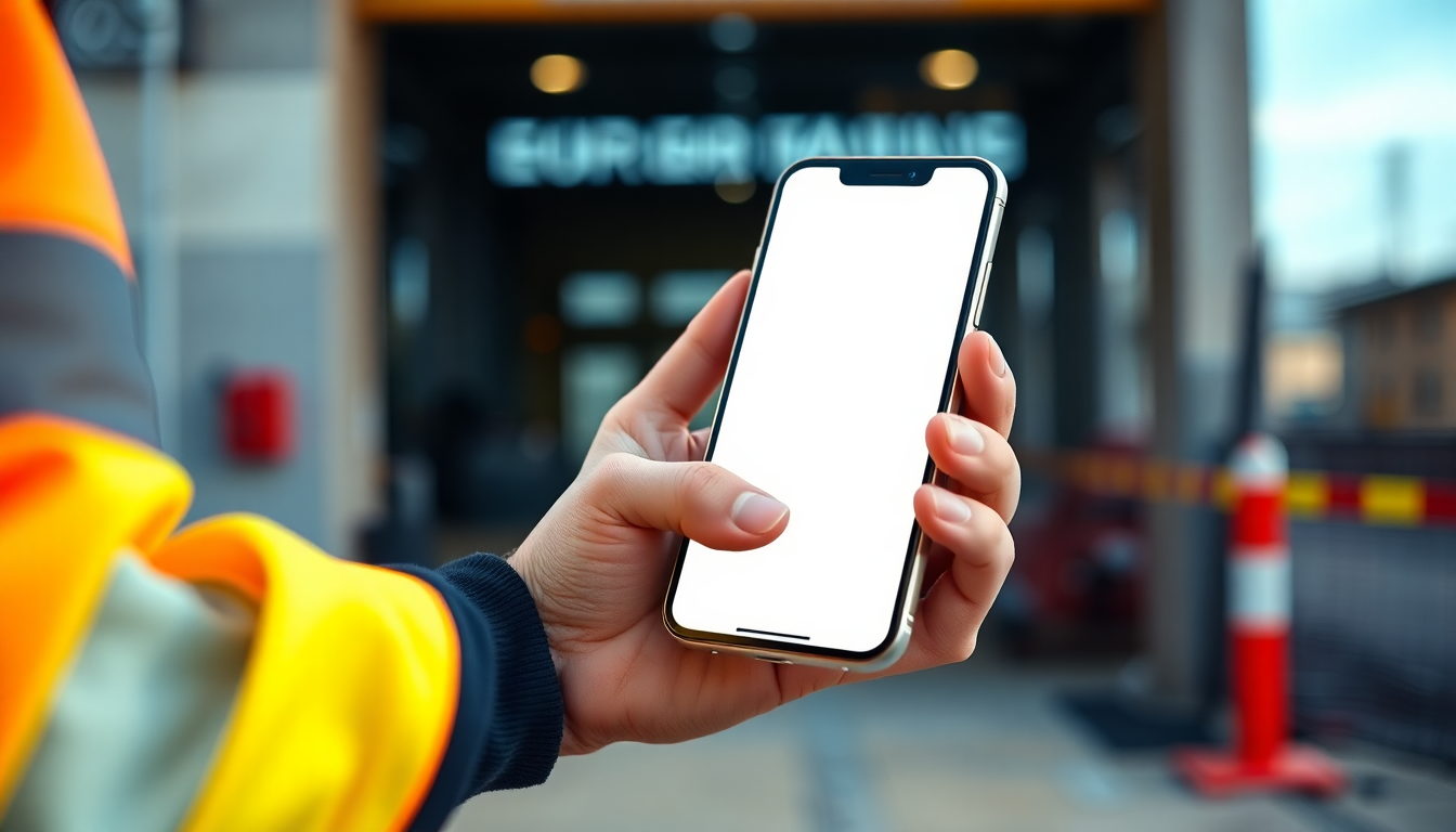 Worker clocking in on a smartphone at a worksite