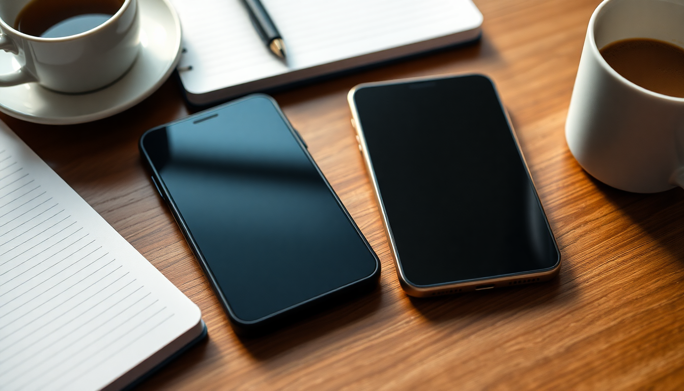 Deux smartphones cote a cote sur un bureau avec des applis de pointage, un carnet et un cafe