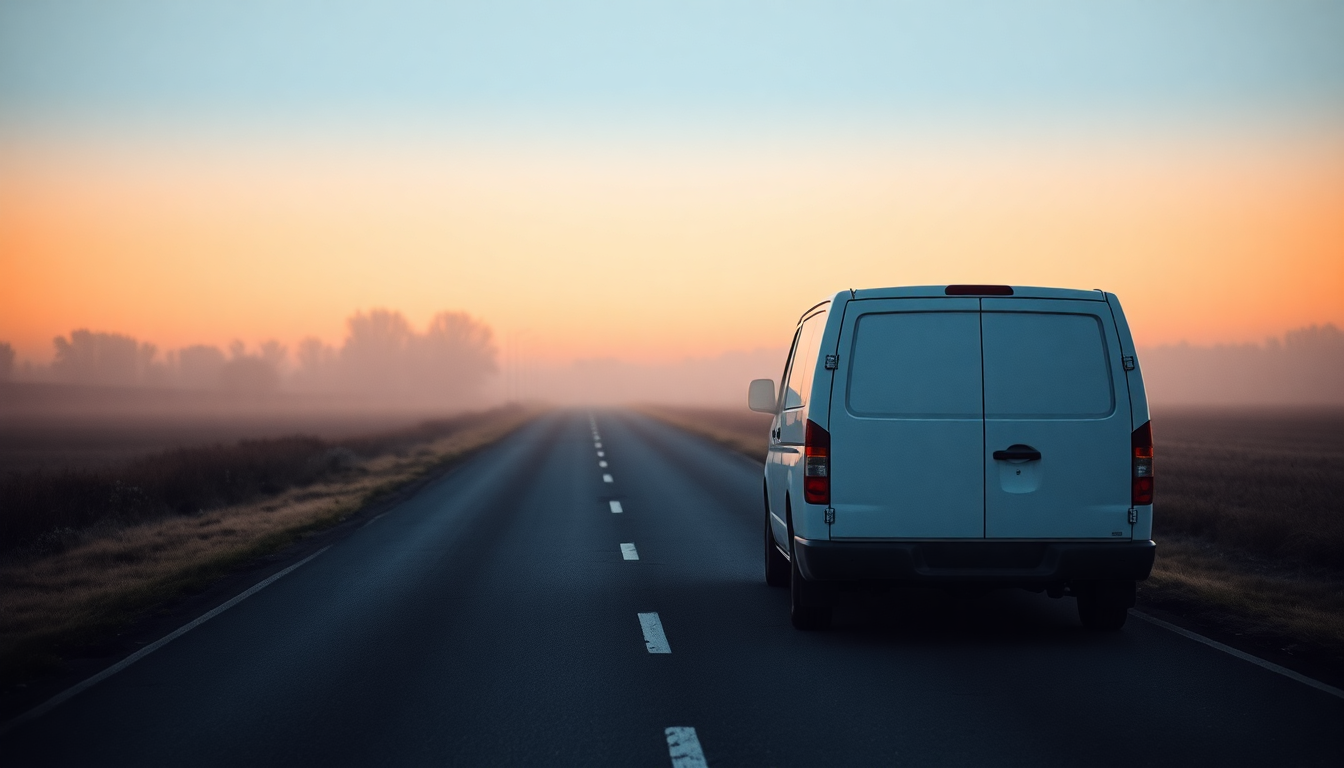 Furgone da lavoro in viaggio su una strada all alba verso il primo cliente