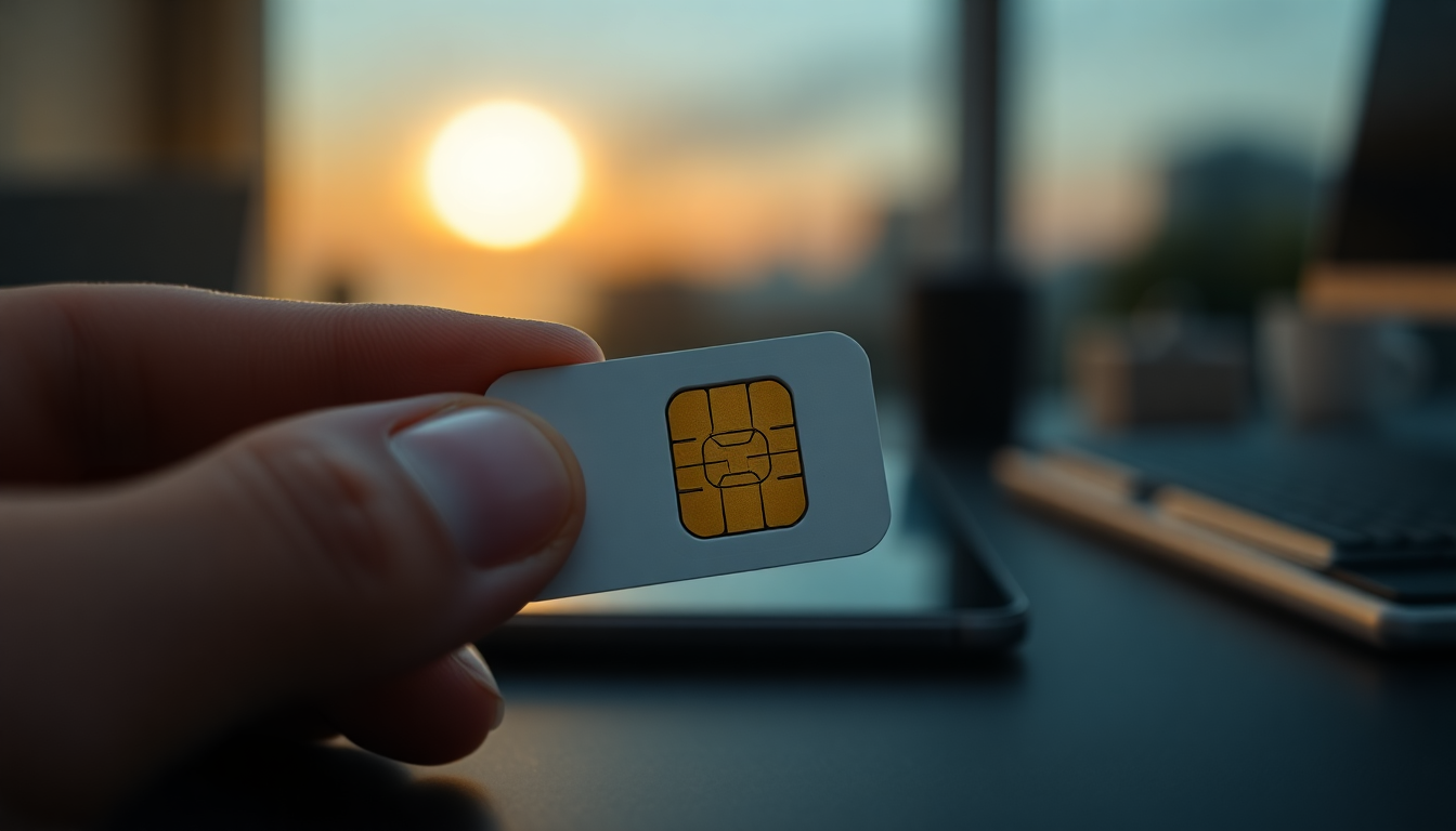 Mobile phone SIM card held between fingertips, gold contacts catching the light