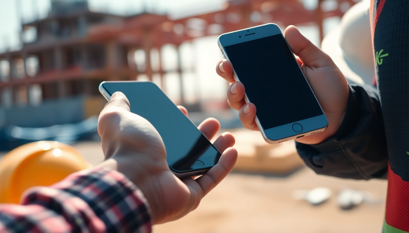 Telefon i haanden paa en sommerbyggeplass med en hjelm ved siden av, moerk skjerm