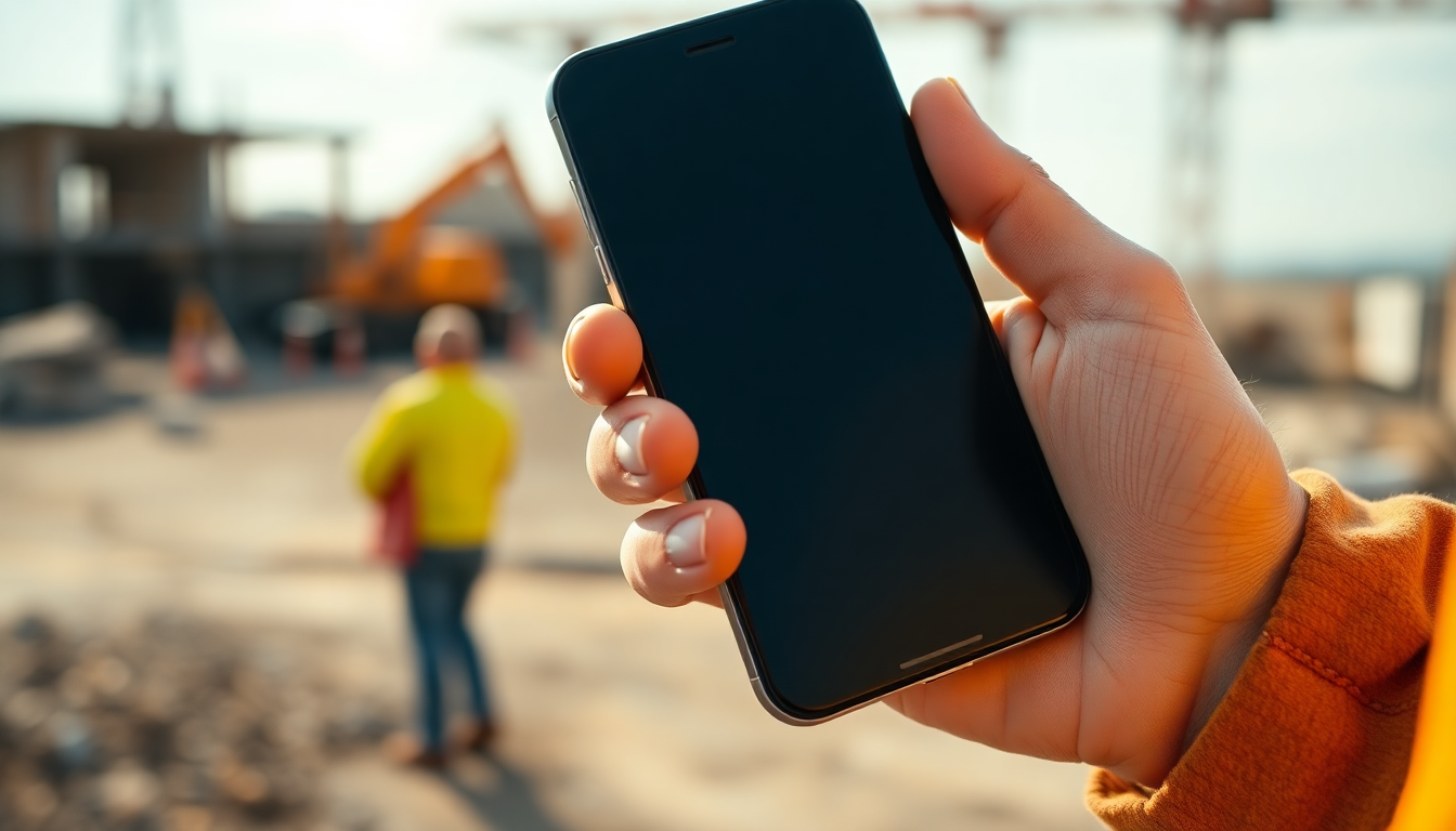 Smarttelefon i haanden til en arbeider paa en byggeplass, moerk skjerm, dagslys