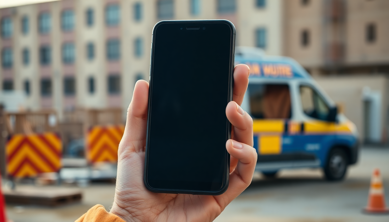 Hand holding a smartphone with a dark screen at a work site, work van in the background