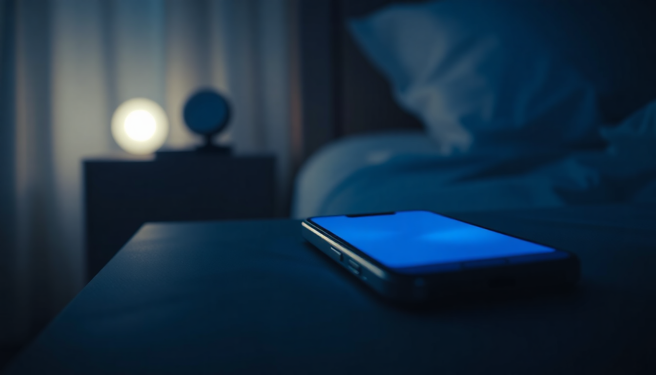 En telefon der lyser op om natten paa natbordet, et opkald fra tilkaldevagt