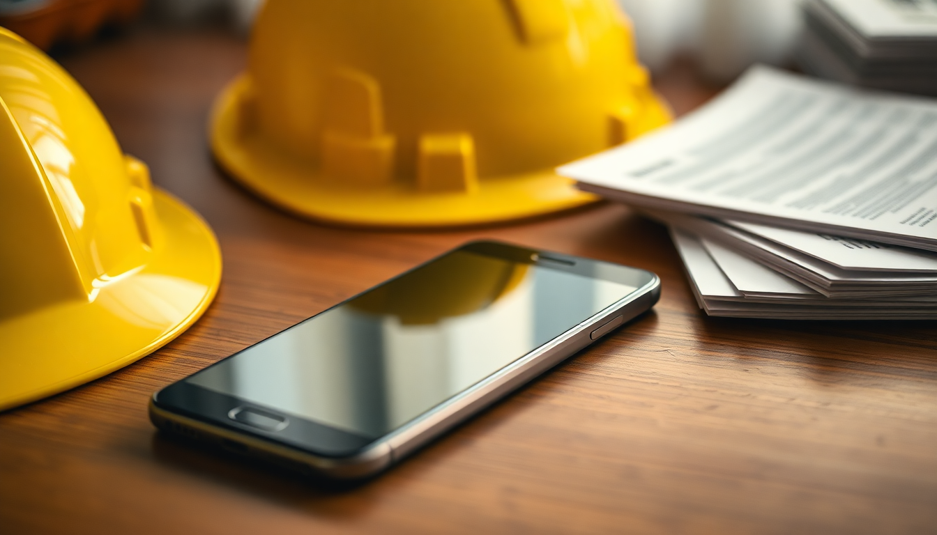 Phone face down next to a yellow hard hat and neatly stacked documents on a desk