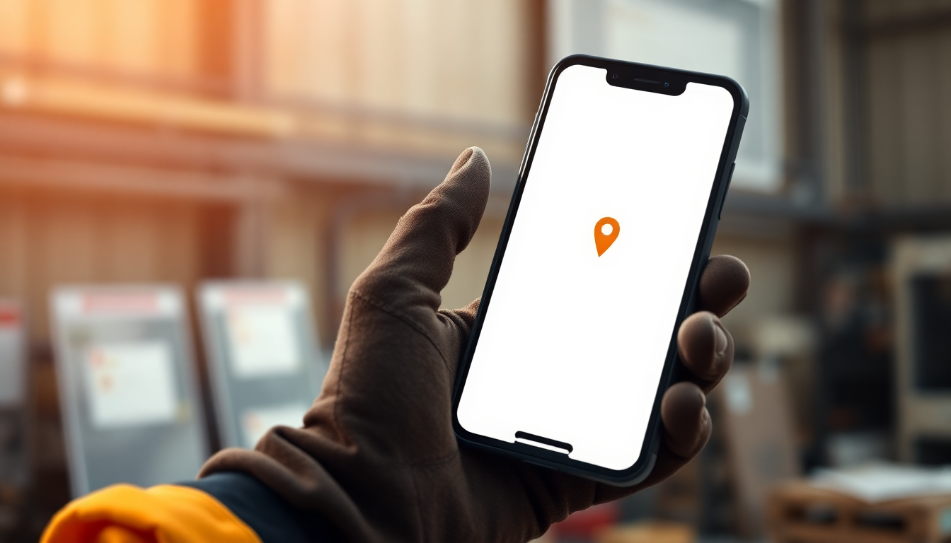 Mano con guanto da lavoro tiene uno smartphone che mostra un segnaposto di geolocalizzazione davanti a un quadro elettrico