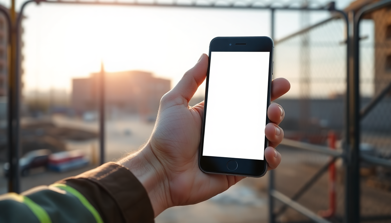 Mano di un lavoratore che tiene uno smartphone all'ingresso di un cantiere