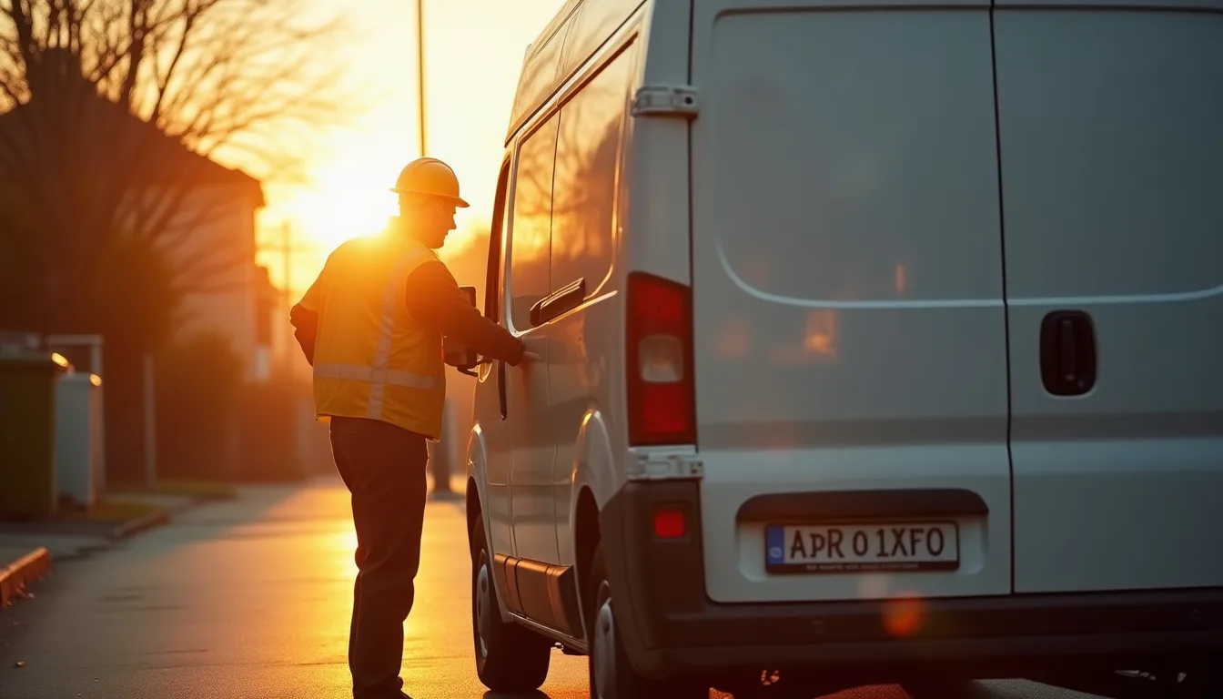 Worker closing the van at sunset, at the end of the working day