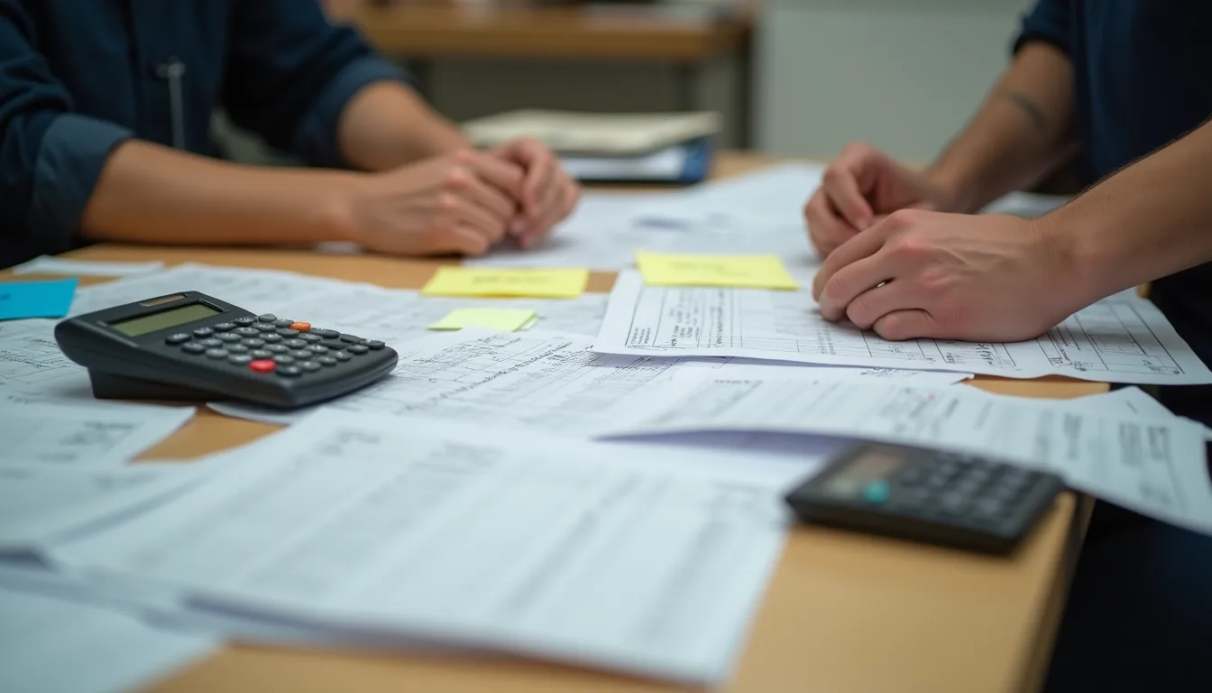 Paper timesheets and calculators spread across a table to reconstruct job records