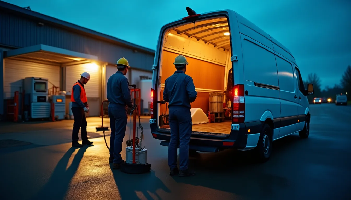 Crew loading a van outside the warehouse at the end of the day