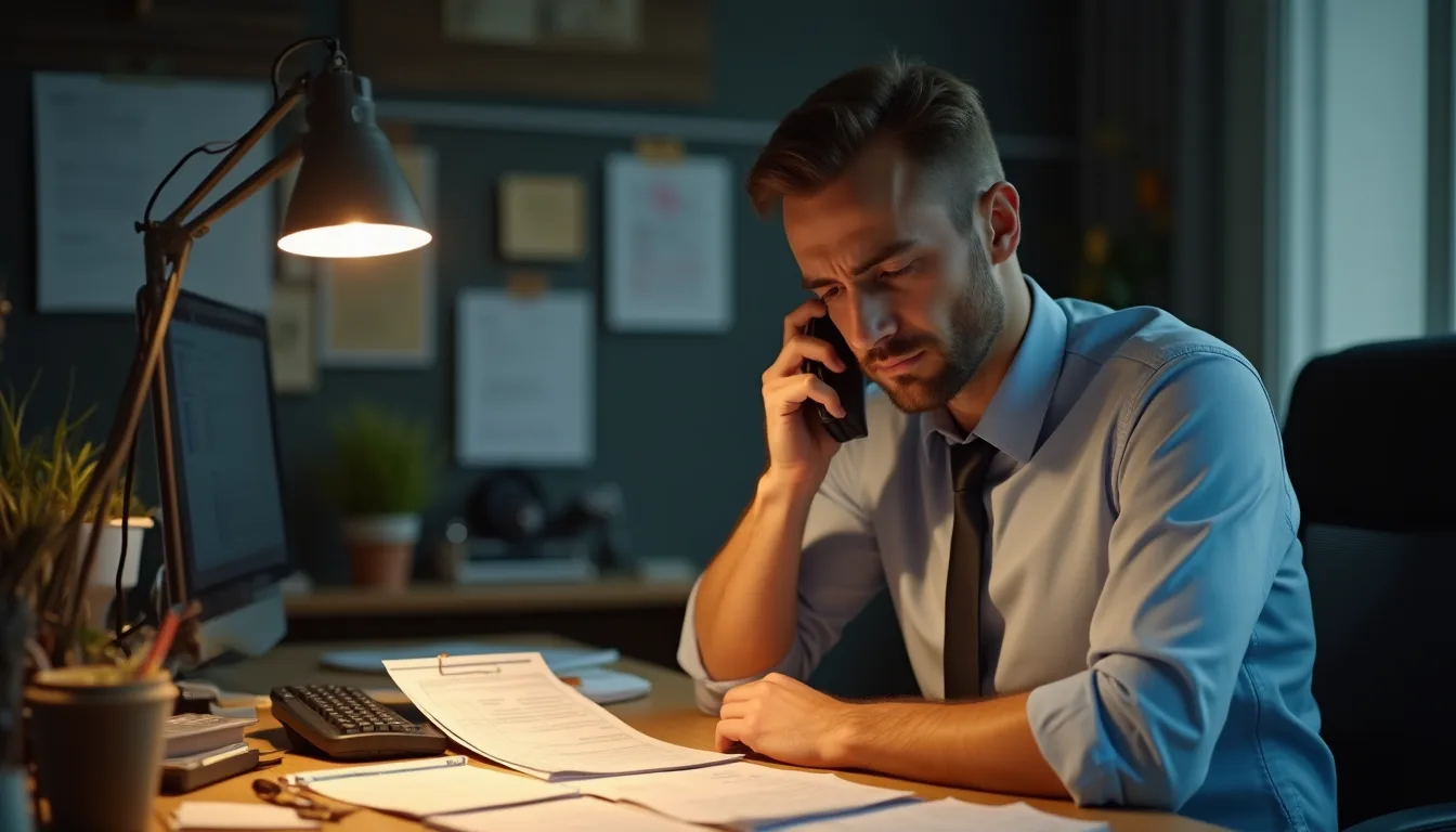 Business owner on the phone at night in the office, among papers and timesheets